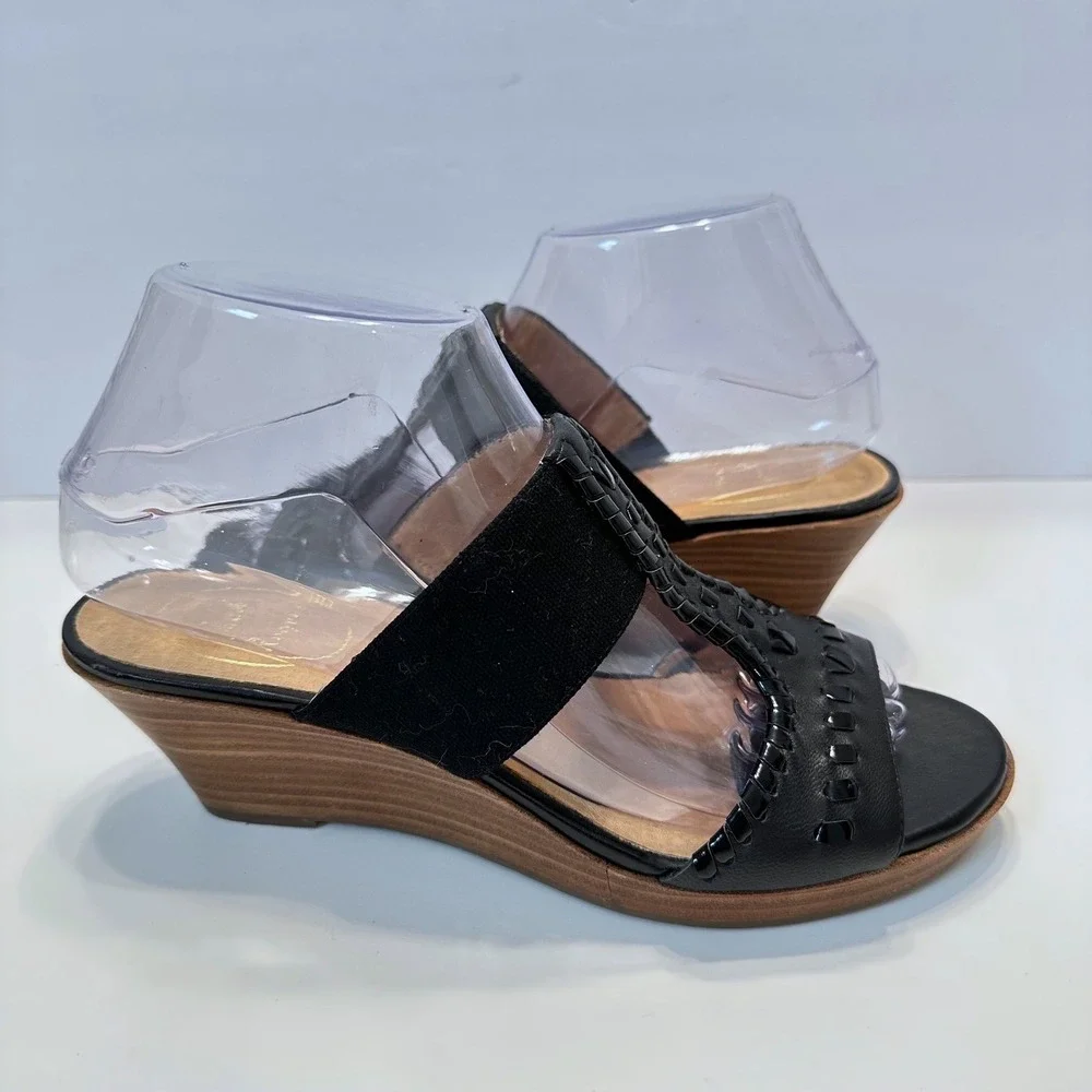 Jack Rogers Black‎ Leather Whipstitch T-Strap Wedge Sandals Womens 7.5M